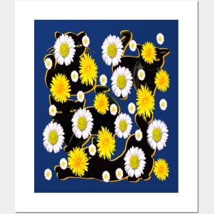 Black Cat silhouette on top of wildflowers feelings pattern black cats  among dandelions And daisies floral bright flowers of spring and summer Posters and Art